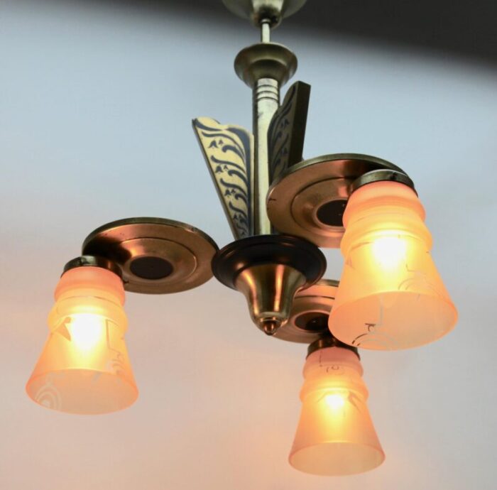 art deco brass chandelier with three arms glass lampshades 7