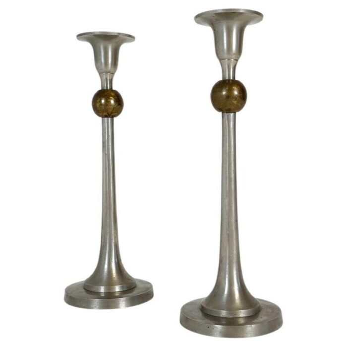 art deco candelholders in pewter and brass sweden 1930s set of 2 1