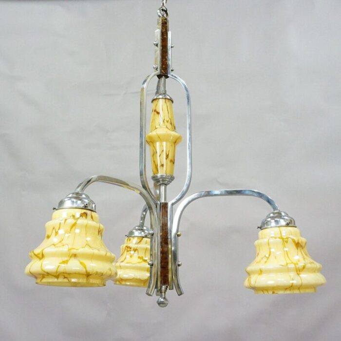 art deco chandelier with three glass shades 7