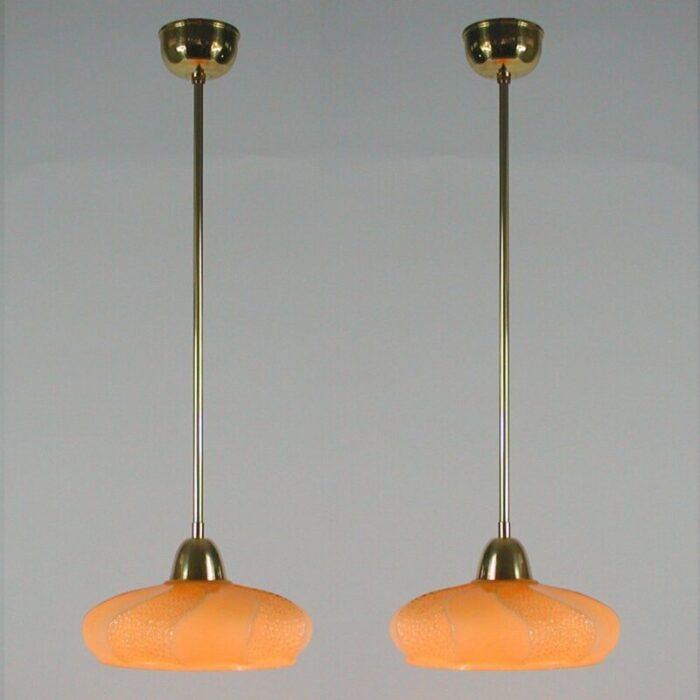 art deco french ivory colored opaline glass brass pendants 1940s set of 2 3