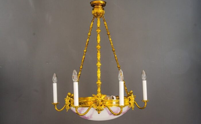 art deco gilded chandelier with original glass shade 1920s 1