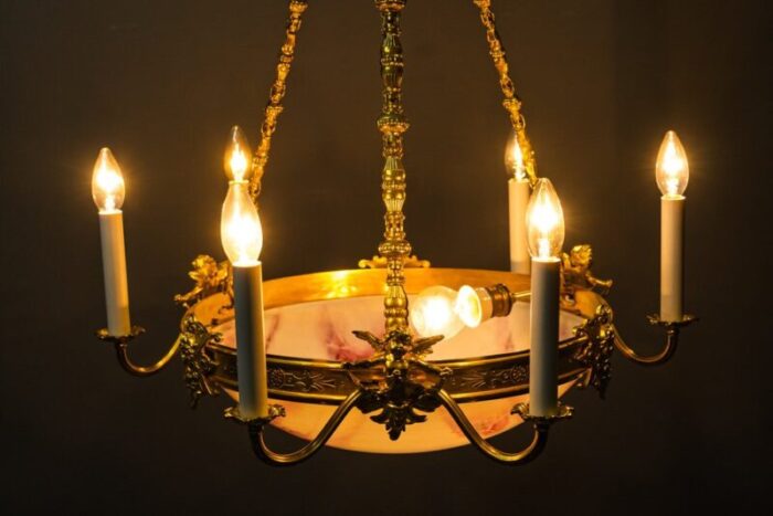 art deco gilded chandelier with original glass shade 1920s 19