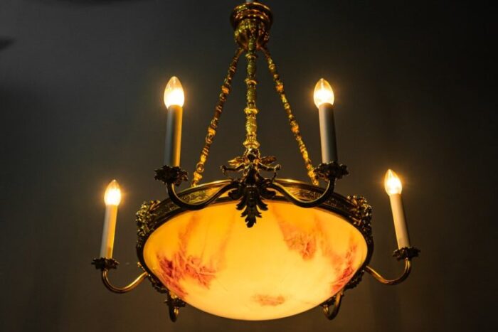 art deco gilded chandelier with original glass shade 1920s 20