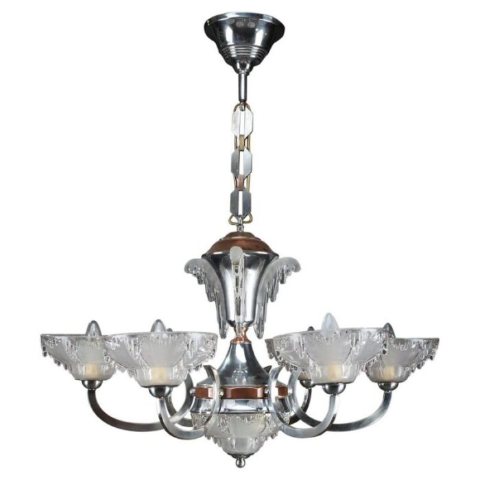 art deco nickel plated metal and copper chandelier 1