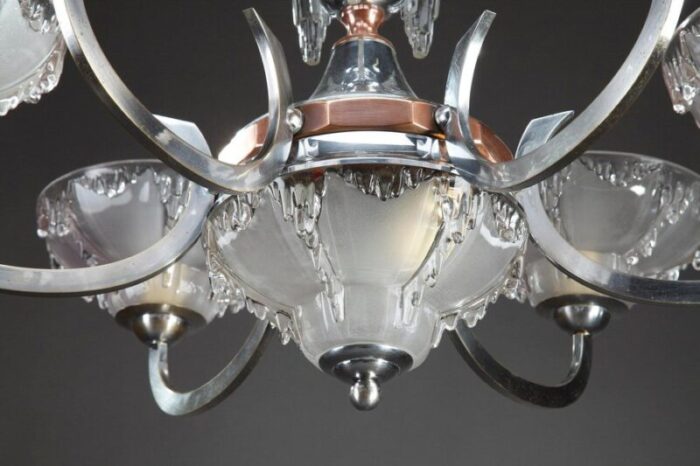 art deco nickel plated metal and copper chandelier 10