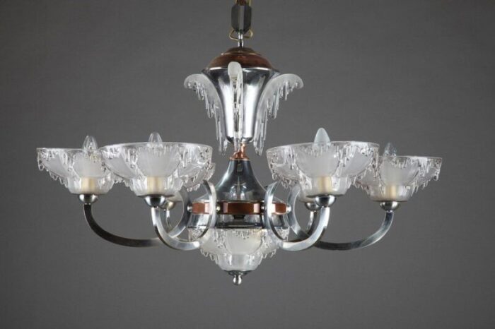 art deco nickel plated metal and copper chandelier 19