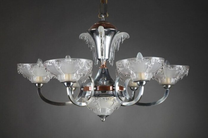 art deco nickel plated metal and copper chandelier 2