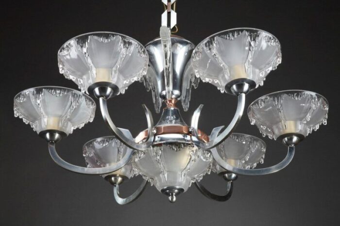 art deco nickel plated metal and copper chandelier 4