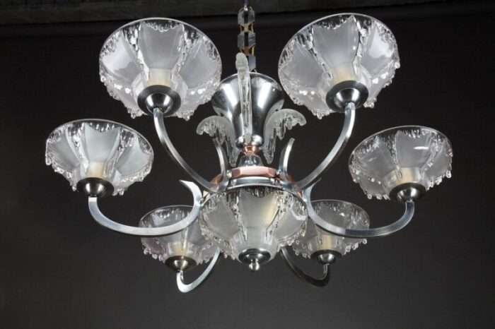 art deco nickel plated metal and copper chandelier 5