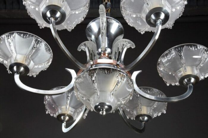 art deco nickel plated metal and copper chandelier 6