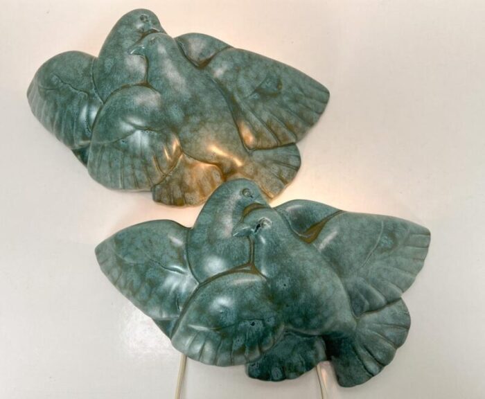 art deco pigeon birds wall sconces in green ceramic france 1930s set of 2 0862