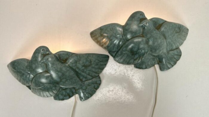 art deco pigeon birds wall sconces in green ceramic france 1930s set of 2 8239