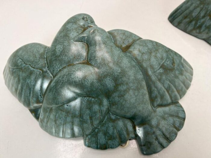 art deco pigeon birds wall sconces in green ceramic france 1930s set of 2 9068