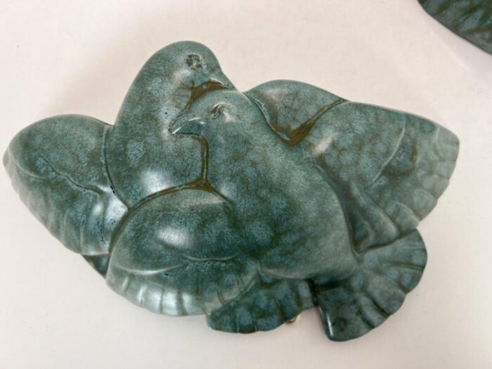 art deco pigeon birds wall sconces in green ceramic france 1930s set of 2 9408