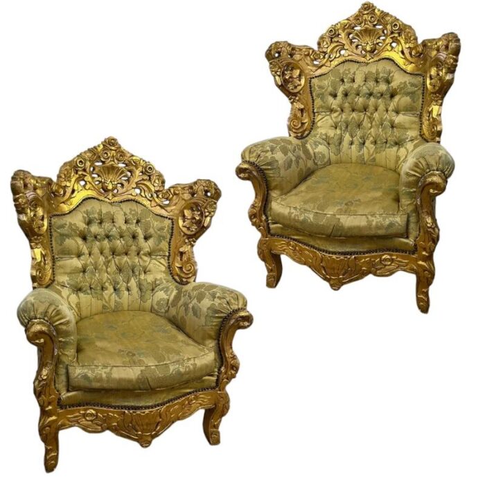 baroque armrest chairs depoque with gilt carved wood and upholstered set of 2 6524