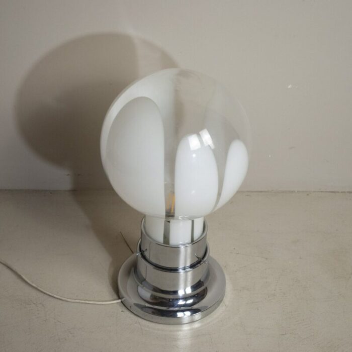 basic mazzega style table lamp in steel with satin glass sphere 1970s 1