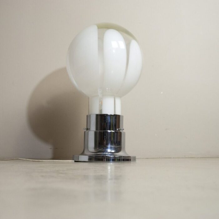 basic mazzega style table lamp in steel with satin glass sphere 1970s 4