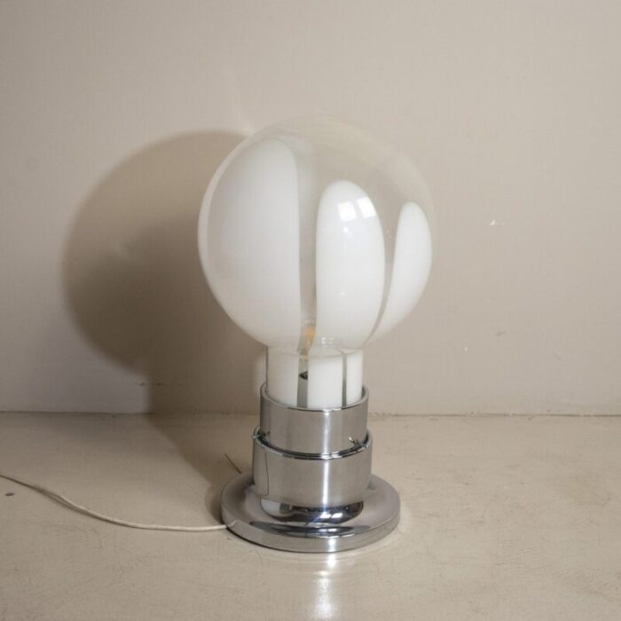 basic mazzega style table lamp in steel with satin glass sphere 1970s 6