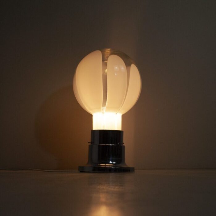 basic mazzega style table lamp in steel with satin glass sphere 1970s 7