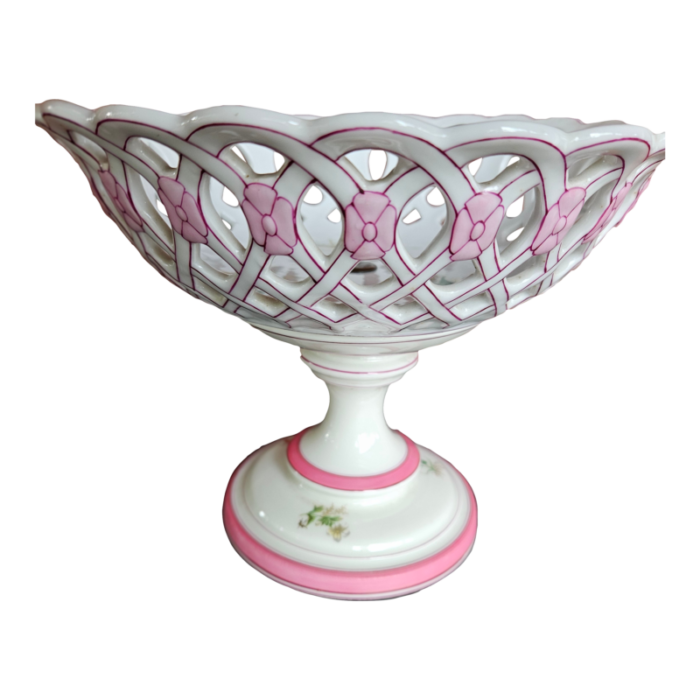 beautiful old school reticulated antique old paris compote with raspberry banding 1327