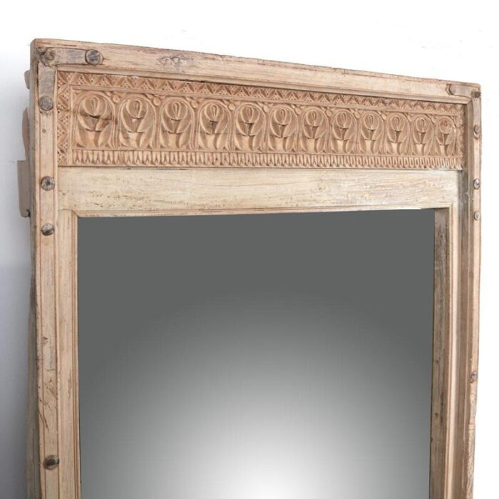 bleached teakwood standing mirror on iron legs 1980