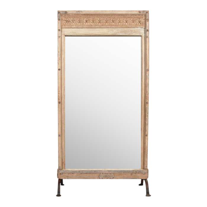 bleached teakwood standing mirror on iron legs 3813