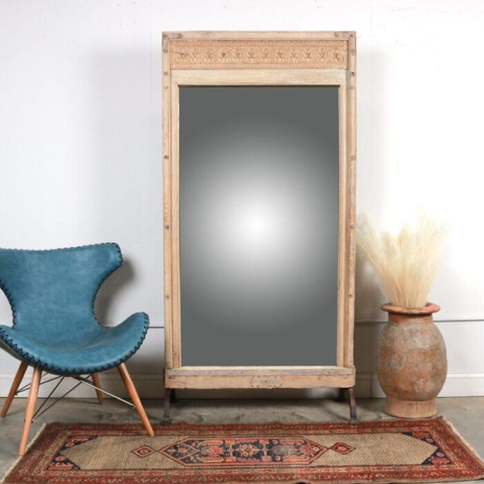 bleached teakwood standing mirror on iron legs 4432