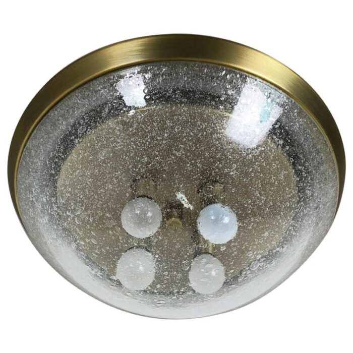 bubble ice glass and brass ceiling light by hillebrand leuchten germany 1970s 1