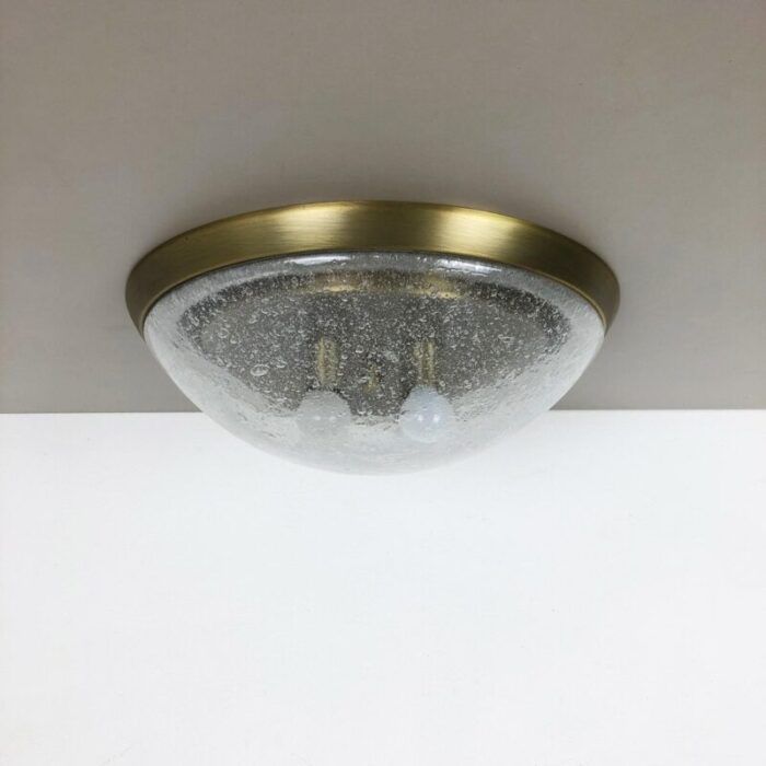 bubble ice glass and brass ceiling light by hillebrand leuchten germany 1970s 2