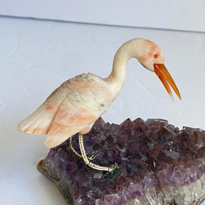 carved stone crane heron egret bird standing on amethyst geode purple crystal vintage 0176