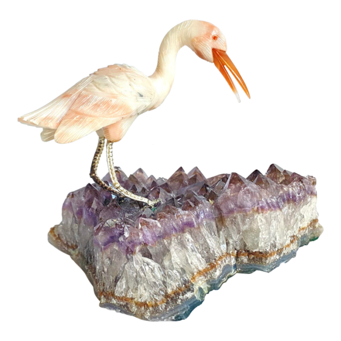 carved stone crane heron egret bird standing on amethyst geode purple crystal vintage 1998