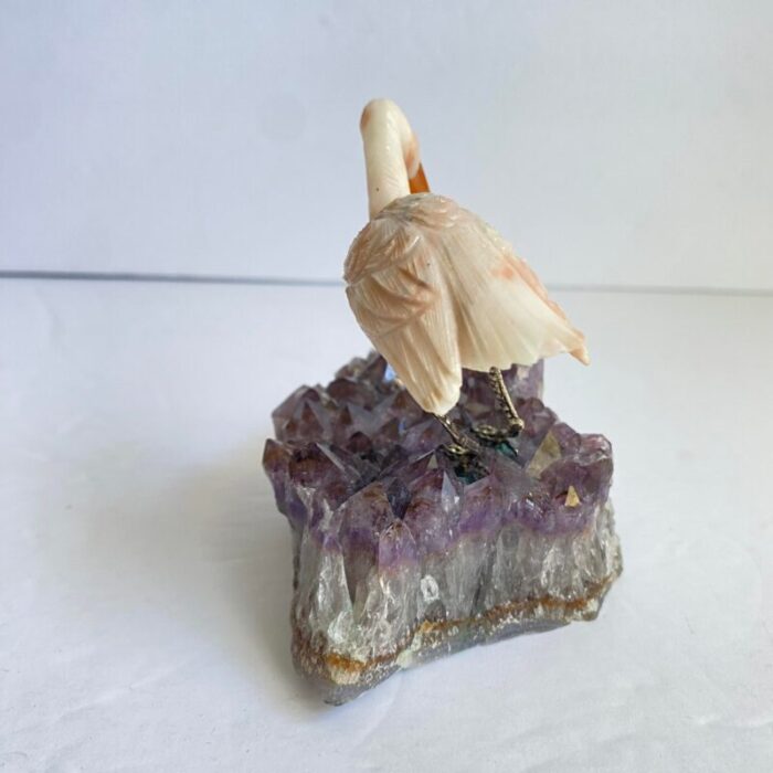 carved stone crane heron egret bird standing on amethyst geode purple crystal vintage 2584