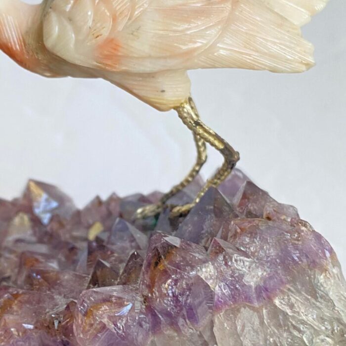 carved stone crane heron egret bird standing on amethyst geode purple crystal vintage 3320