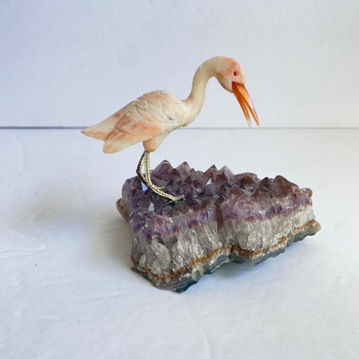 carved stone crane heron egret bird standing on amethyst geode purple crystal vintage 4702