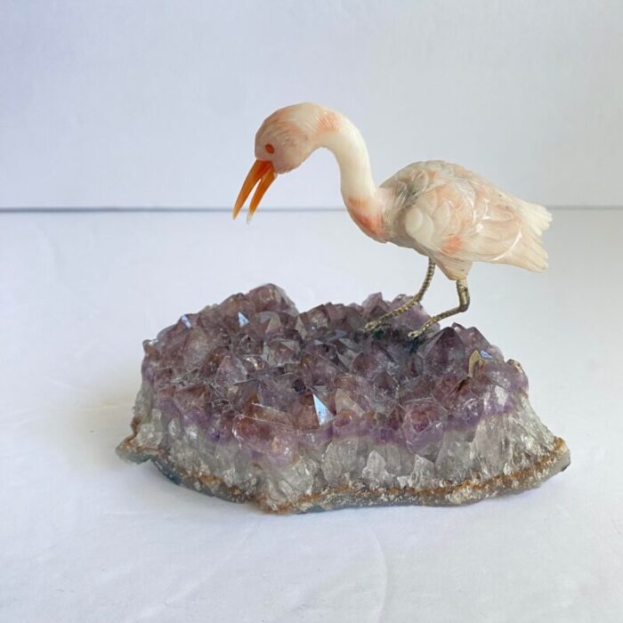 carved stone crane heron egret bird standing on amethyst geode purple crystal vintage 6499