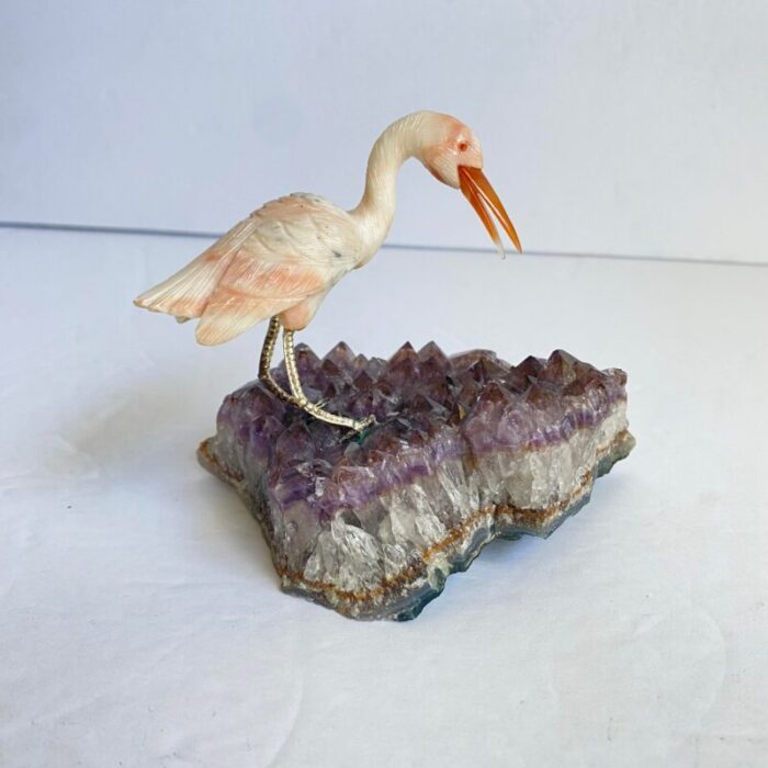 carved stone crane heron egret bird standing on amethyst geode purple crystal vintage 7307