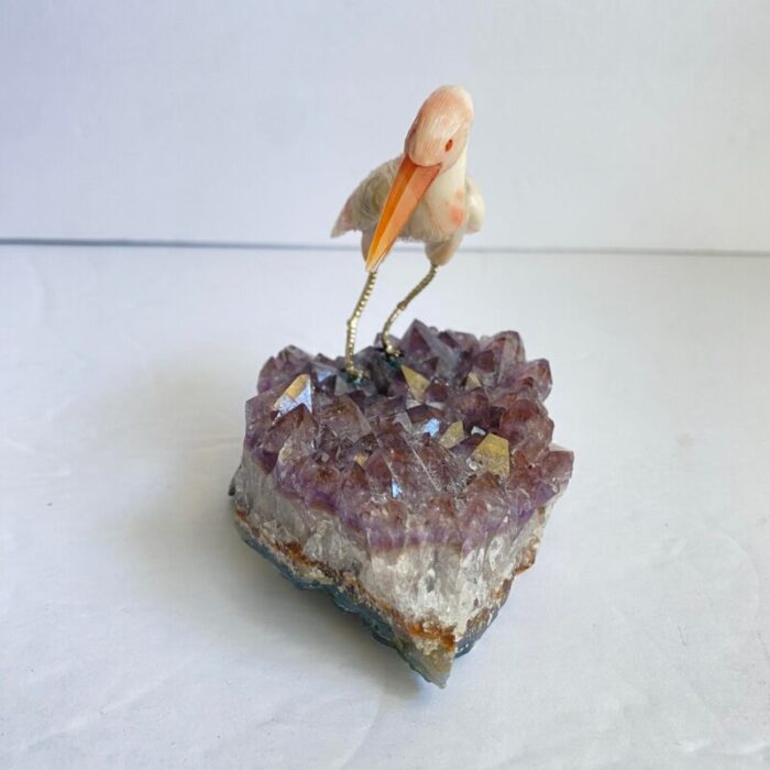 carved stone crane heron egret bird standing on amethyst geode purple crystal vintage 8400