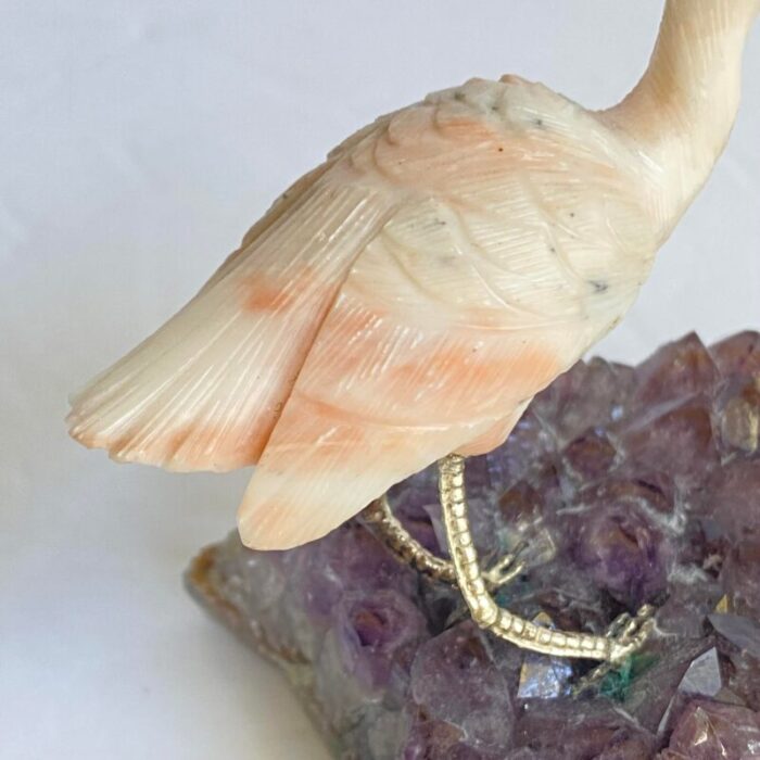 carved stone crane heron egret bird standing on amethyst geode purple crystal vintage 8803