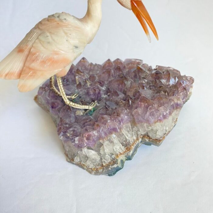 carved stone crane heron egret bird standing on amethyst geode purple crystal vintage 8984