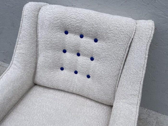 chair in oyster white boucle fabric and royal blue buttoning from g plan 1950s 0050