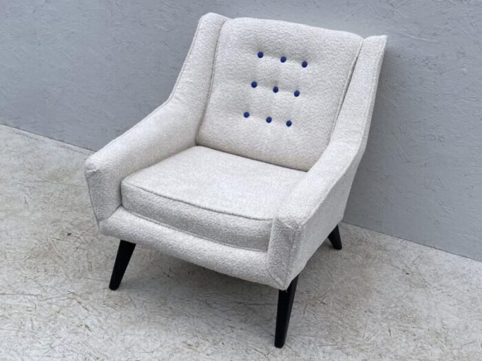 chair in oyster white boucle fabric and royal blue buttoning from g plan 1950s 0633