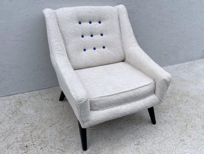 chair in oyster white boucle fabric and royal blue buttoning from g plan 1950s 1898