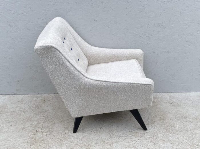 chair in oyster white boucle fabric and royal blue buttoning from g plan 1950s 4164