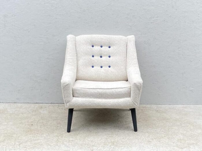 chair in oyster white boucle fabric and royal blue buttoning from g plan 1950s 5231