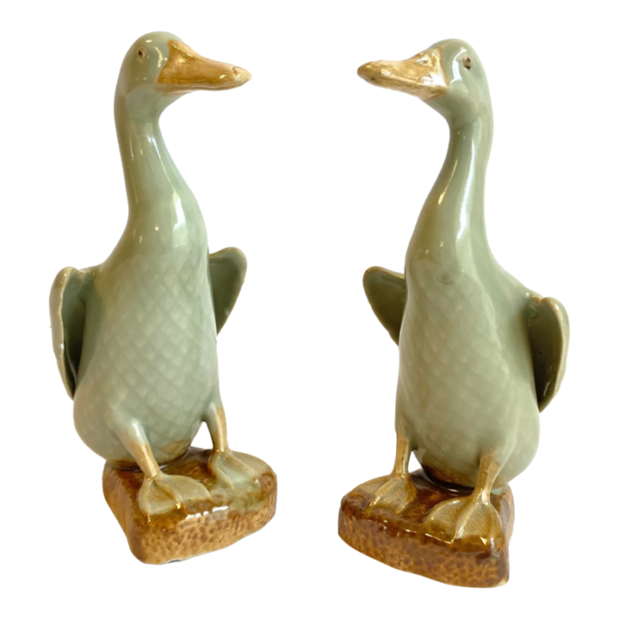 chinese celadon duck statues porcelain sea green figural goose geese birds chinoiserie a pair 0220