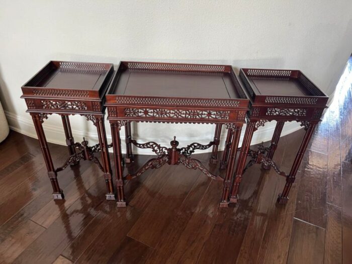 chineseasian chippendale style wood carved fretwork tea table and 2 side table set of 3 0016