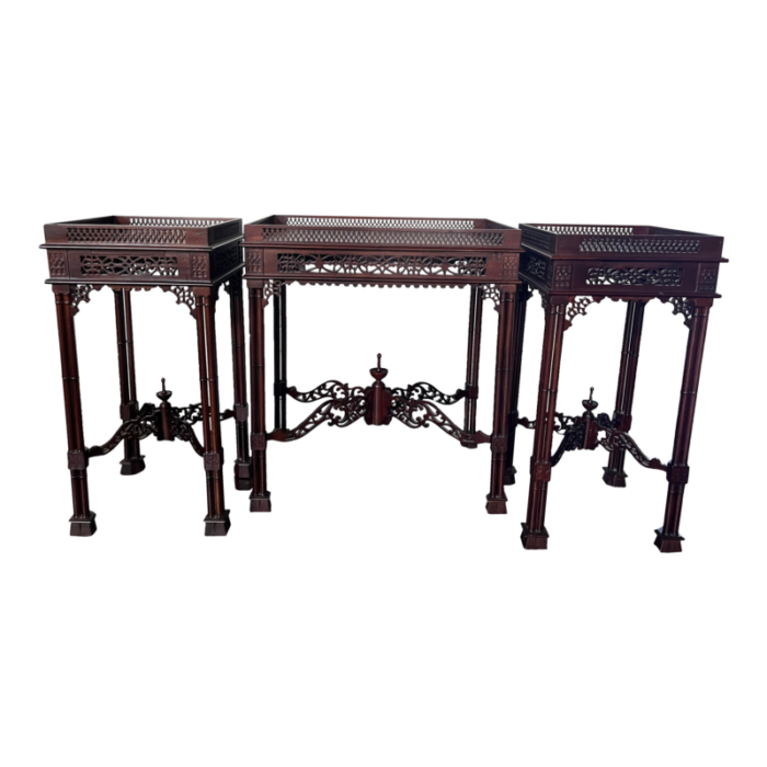 chineseasian chippendale style wood carved fretwork tea table and 2 side table set of 3 3543