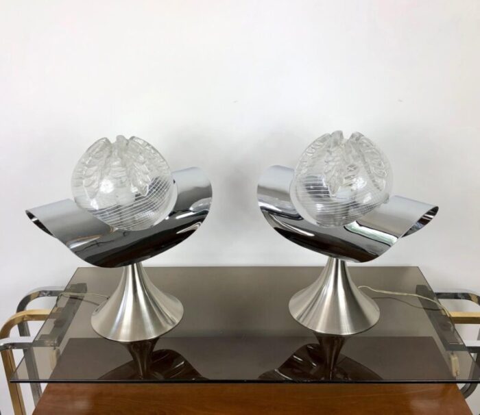 chrome steel glass table lamp italy 1970s set of 2 3