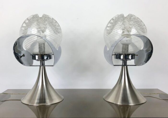 chrome steel glass table lamp italy 1970s set of 2 6