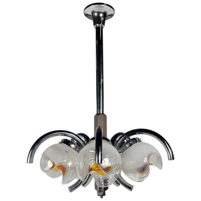 chrome wood murano glass chandelier from mazzega italy 1970s 1